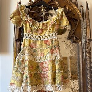 Zimmermann Inspired Yellow Floral Puff-Sleeve Mini Dress with Lace Trim